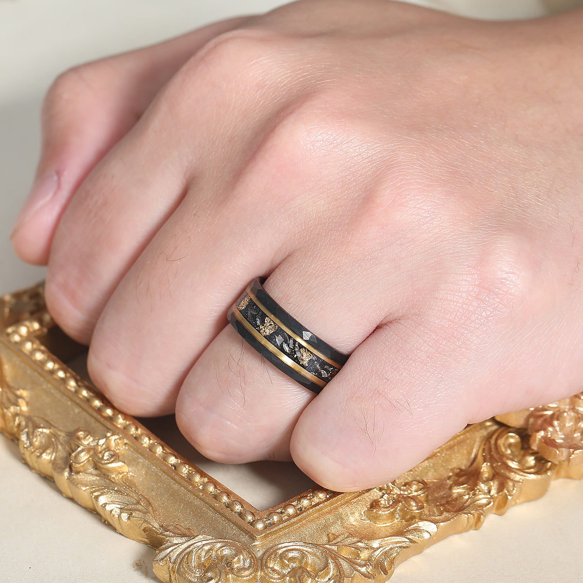 Mature Black Meteorite Gold Foil Men's Tungsten Ring Hammered Anniversary Ring