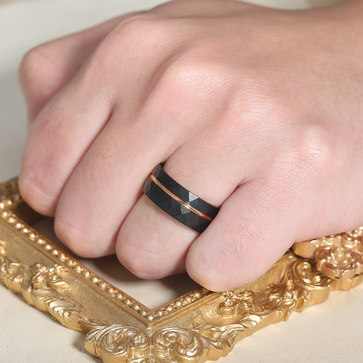 8mm Black Grooved Rhombic Tungsten Wedding Band Rose Gold-plated Inner Men's Band