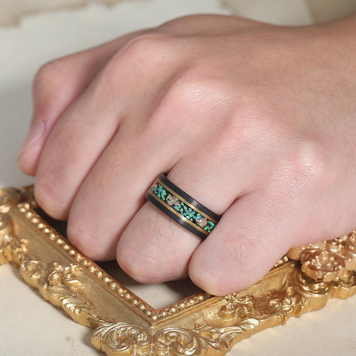 Wire Drawed Blue Green Red Opal and Gold Foils Tungsten Ring Men's Anniversary Ring