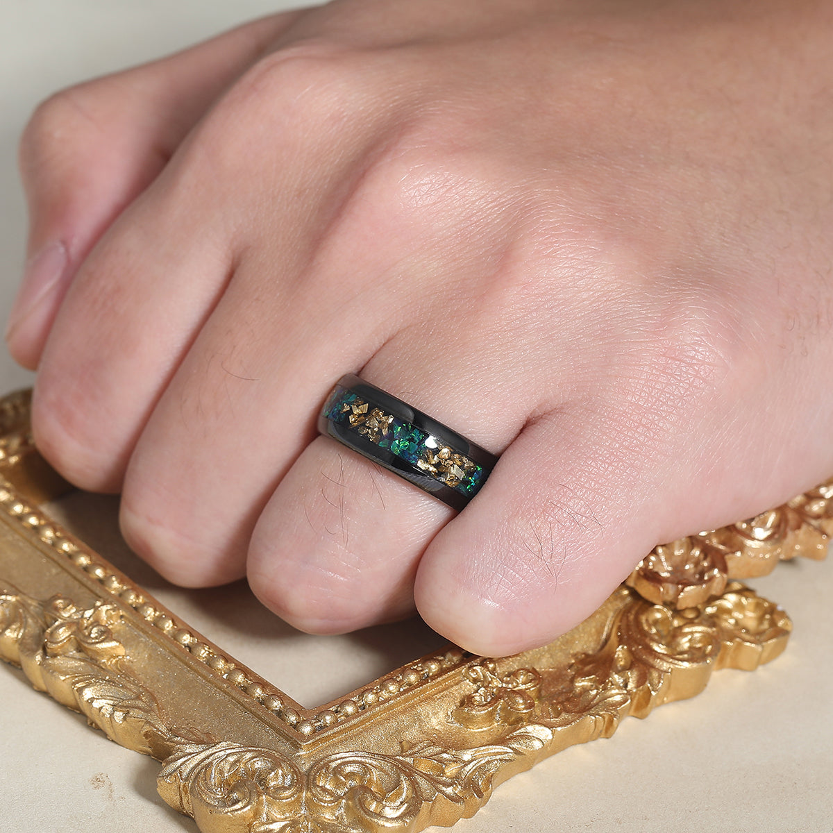 Crushed Citrine Peacock Green Opal Dome Tungsten Promise Ring For Men and Women