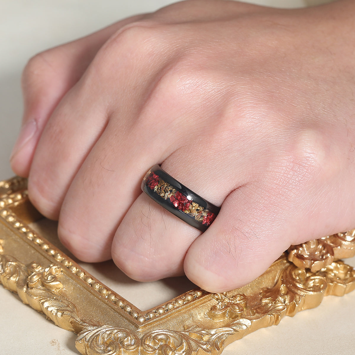 Comfort Fit Citrine And Ruby Tungsten Wedding Band Black Plated Polished Men's Ring