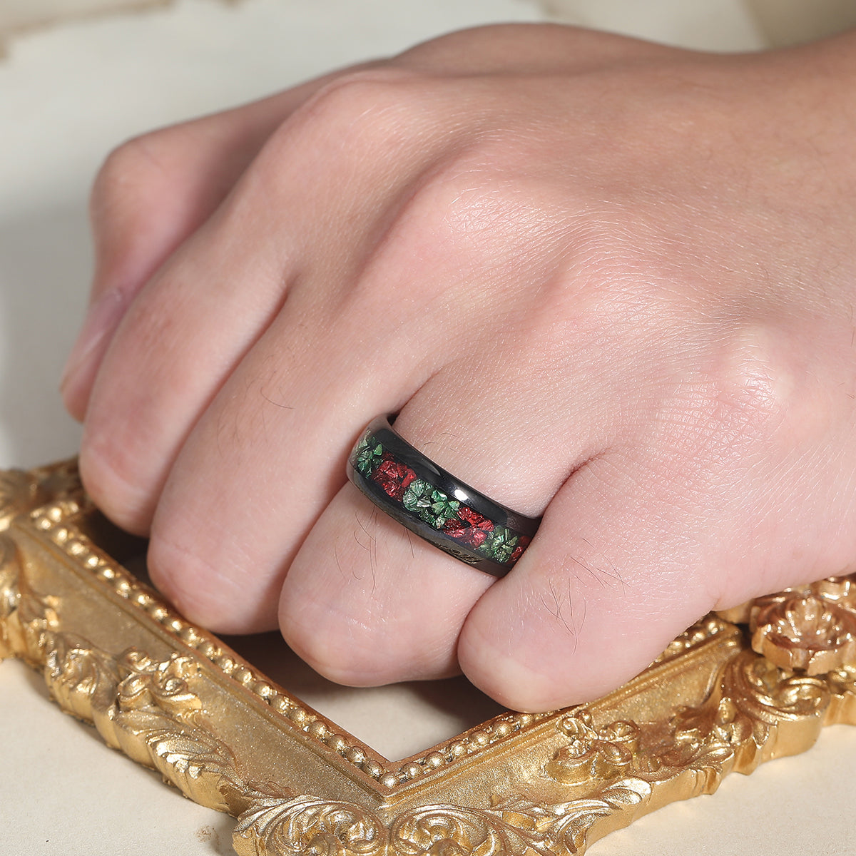 8mm Wide Emerald Ruby Inlay Tungsten Wedding Band Men’s Anniversary Birthday Ring