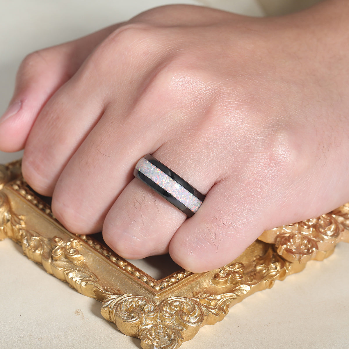 Man White Opal Tungsten Wedding Band Black Plated Birthday Anniversary Ring
