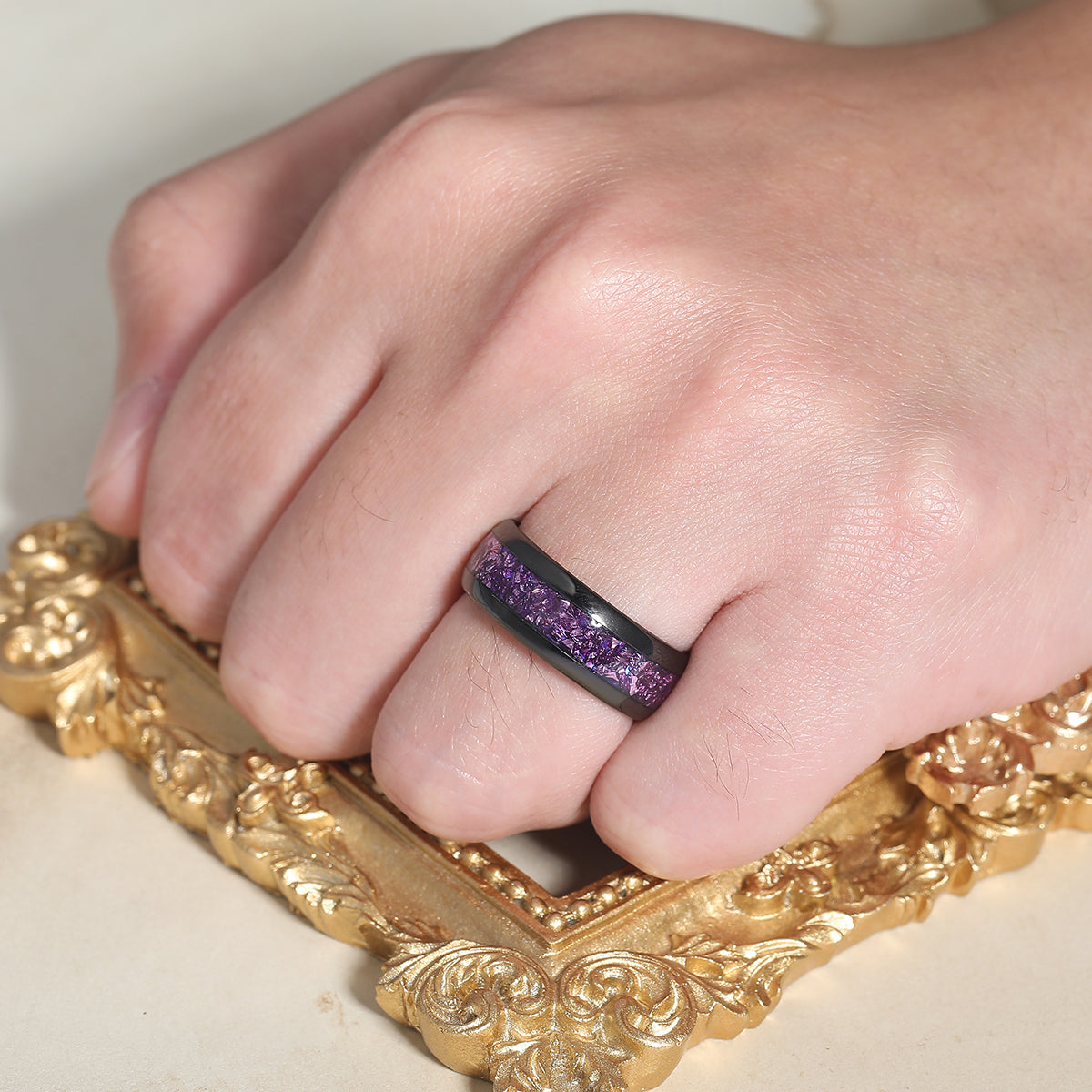 8mm Natural Amethyst Inlay Men's Anniversary Ring Wide Band For Men and Women