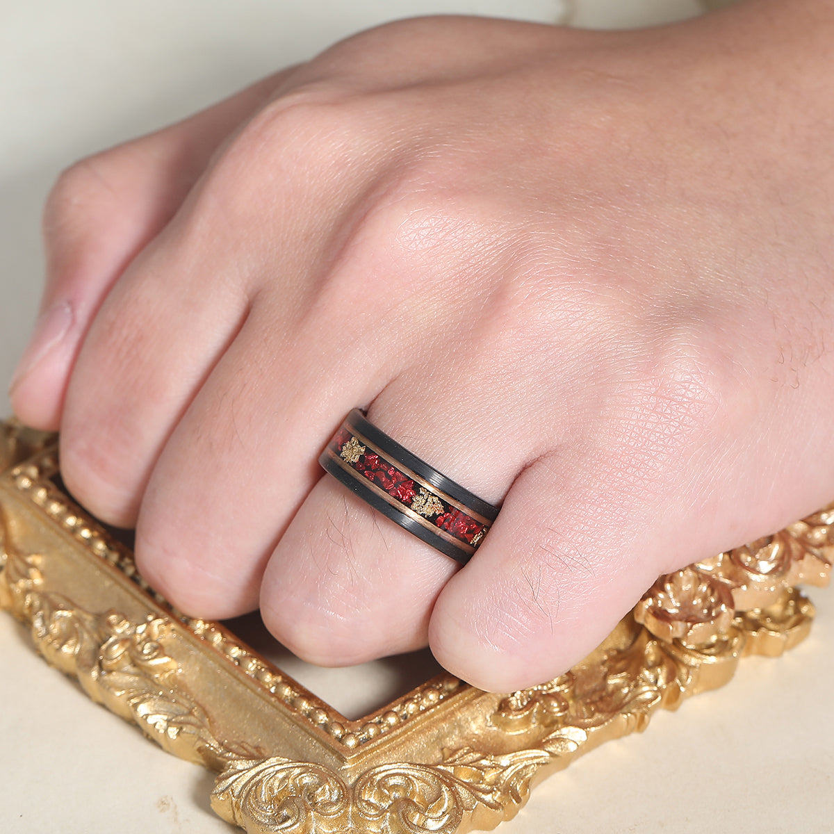 Black Plated Ruby Gold Foils Inlay Tungsten Wedding Band Unisex Birthday Ring