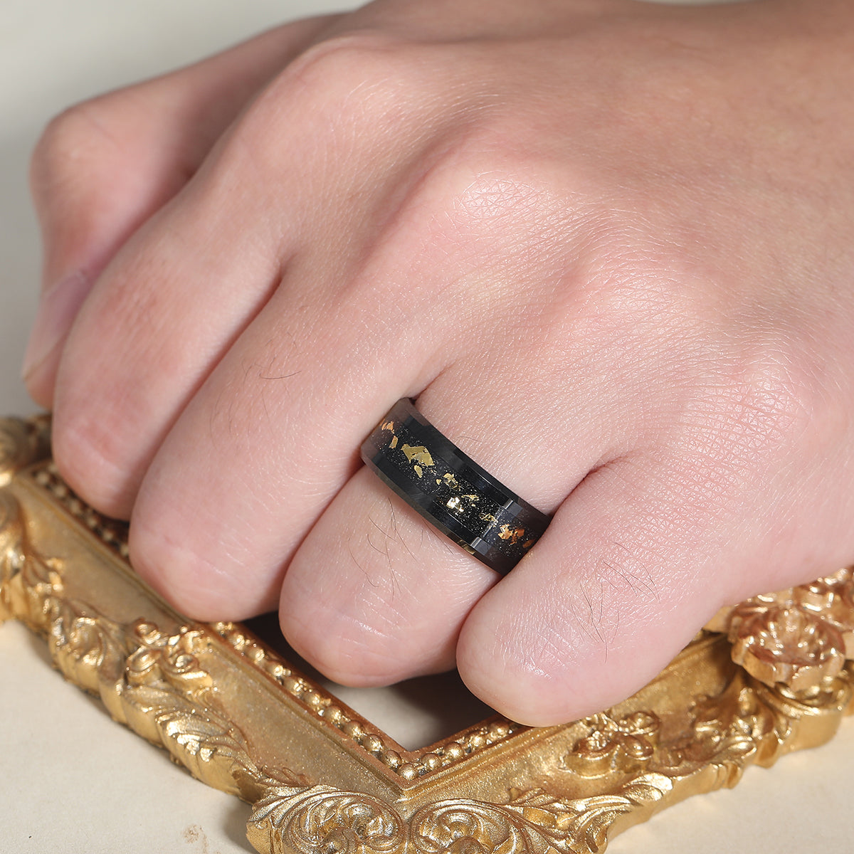 Balck Beveled Edge Gold Foils Inlay Tungsten Men's Band Unisex Anniversary Ring