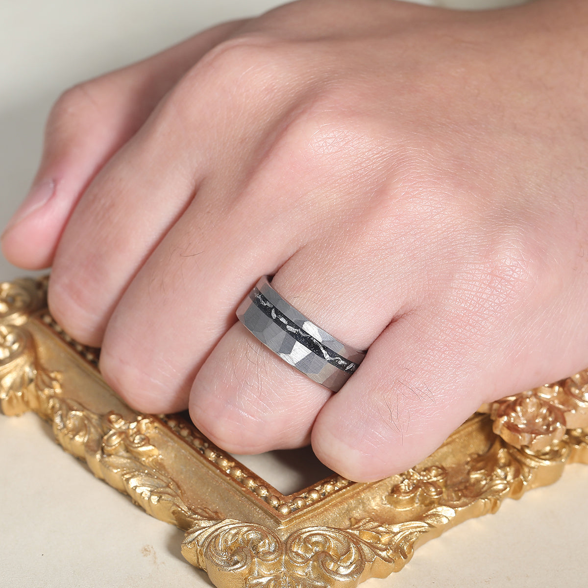 Crushed Meteorite Men's Wedding Band Silver Hammered Tungsten Promise Unisex Ring