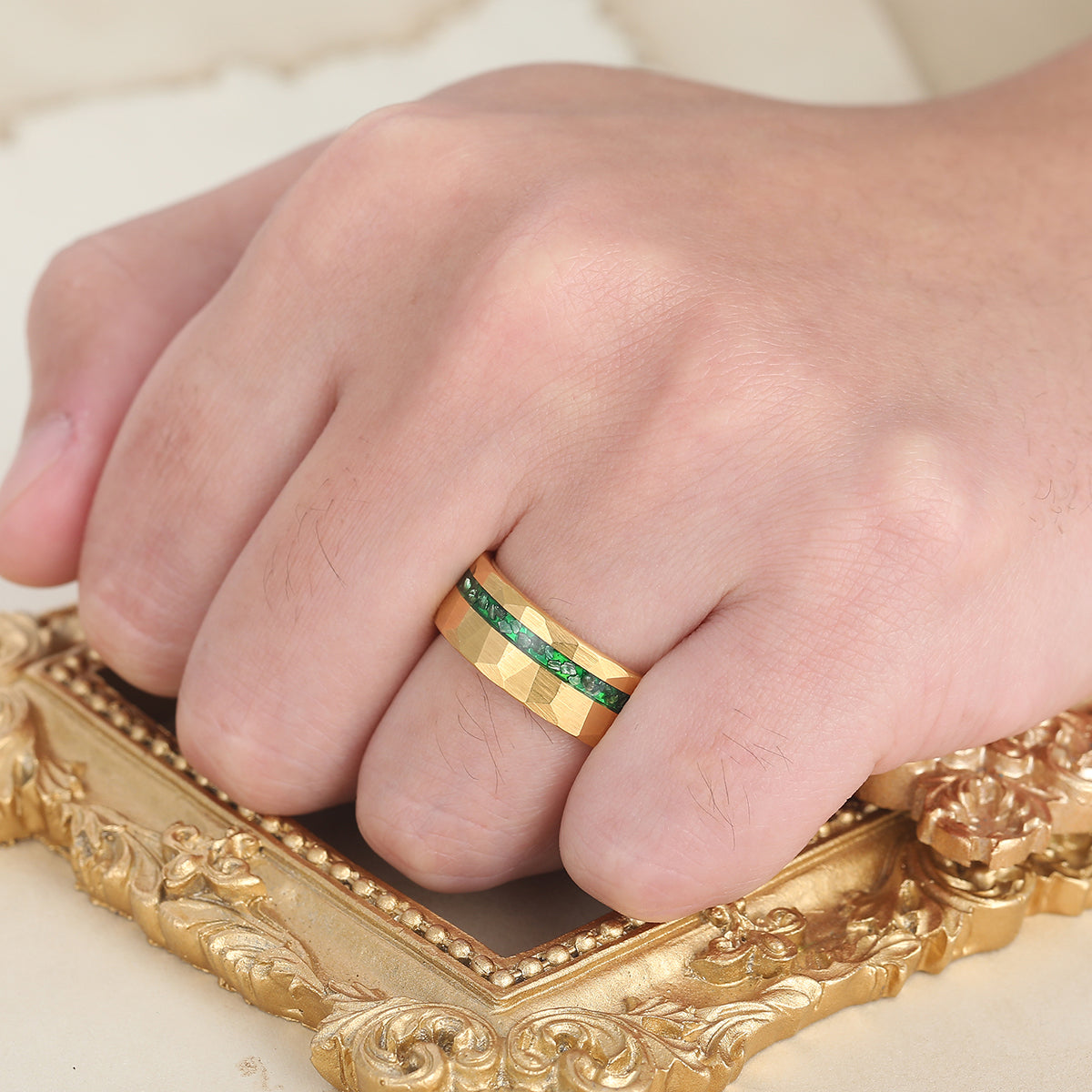 Yellow Gold Plated Emerald Inlay 8mm Wide Tungsten Ring For Men and Women