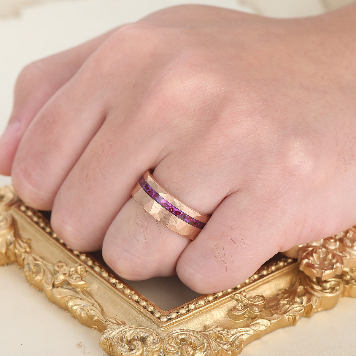 Purple Amethyst Men's Wedding Band 8mm Hammered Rose Gold Plated Tungsten Ring
