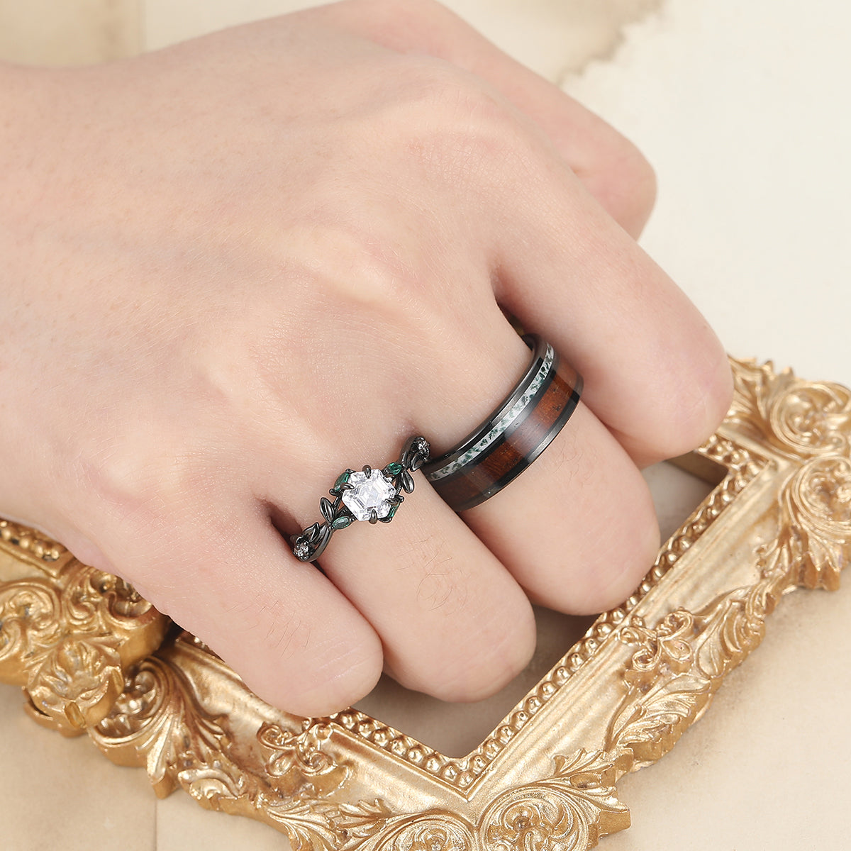 Moissanite Sprigs Engagement Couple Rings Wood Tungsten Matching Wedding Rings