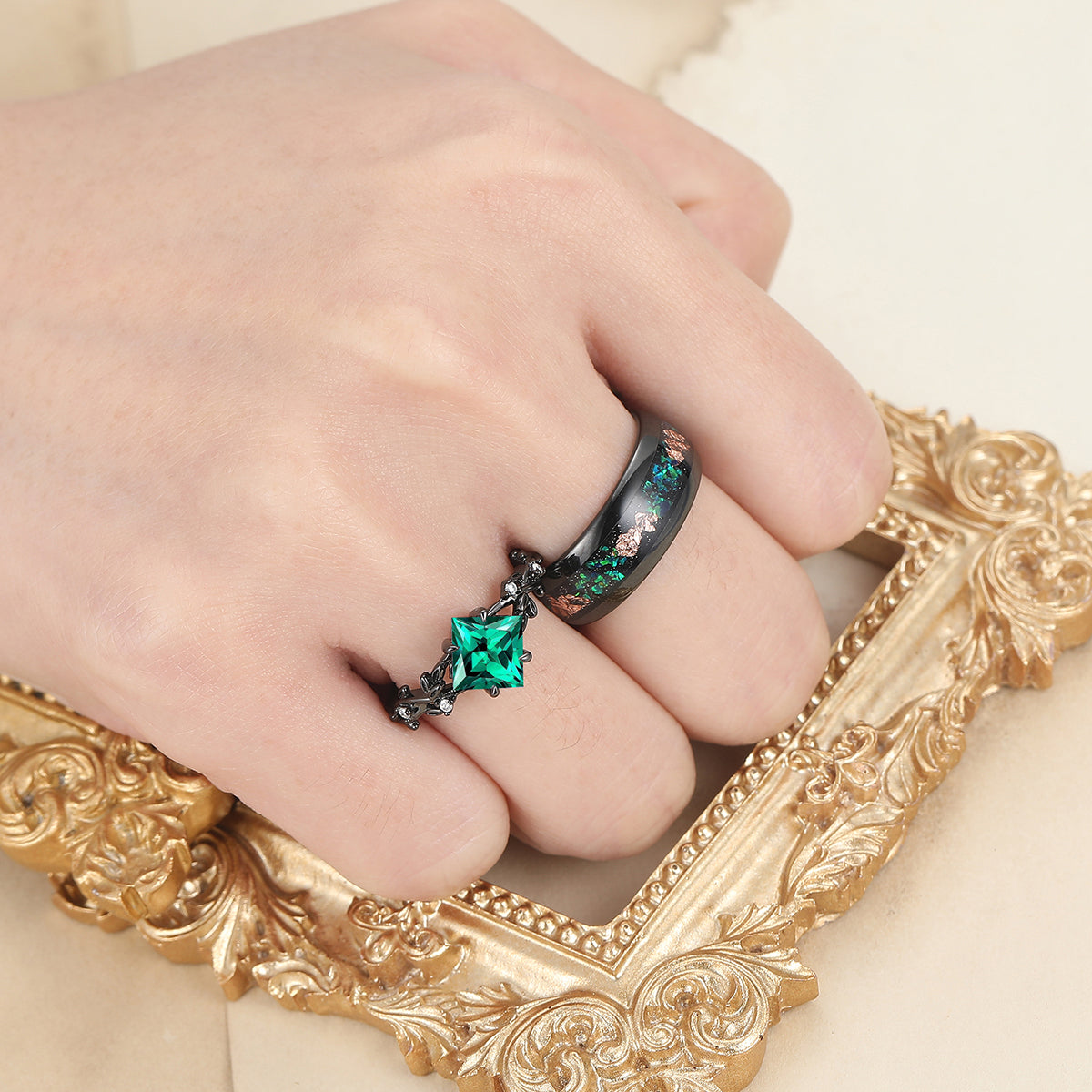 Alternative Emerald Curved Branch His And Hers Wedding Bands Green Tungsten Promise Rings For Couples