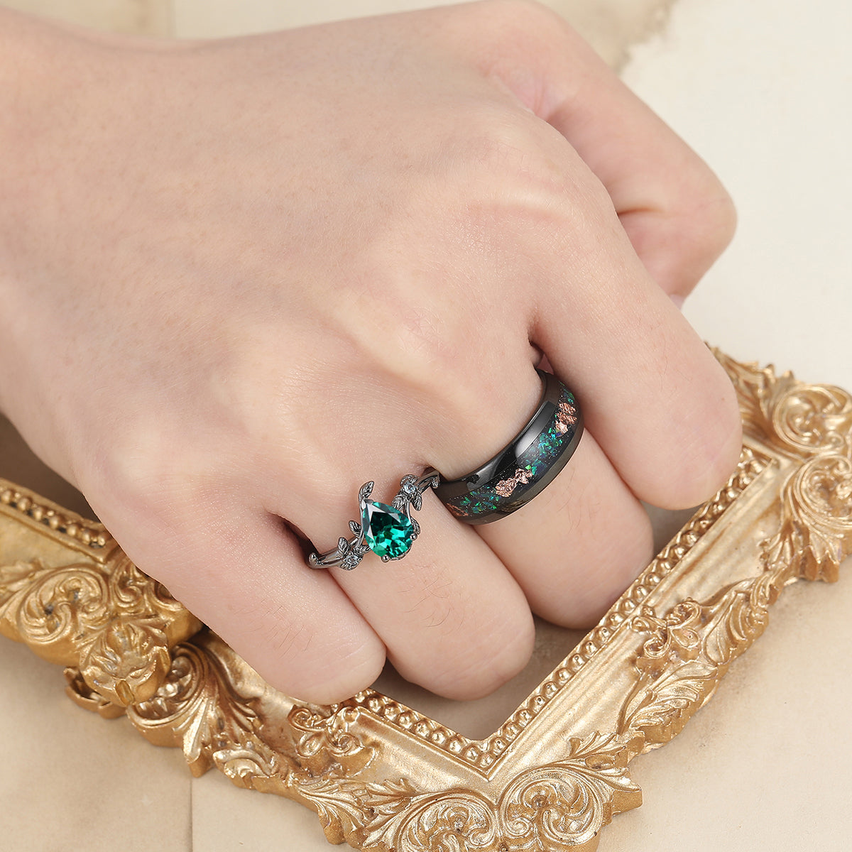 Classic Pear Lab Emerald Leaves Vines Engagement Couple Rings Wedding Bands For Men And Women