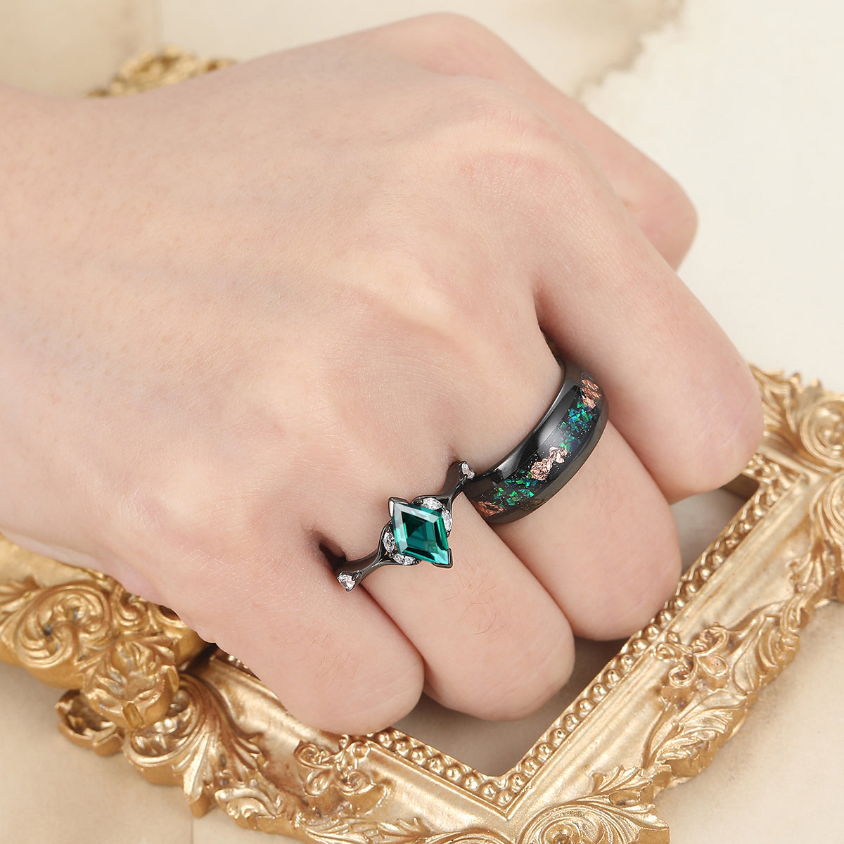 Art Deco Emerald Engagement Couples Rings Matching Green Gemstone Hammered Tungsten Matching Rings for Couples