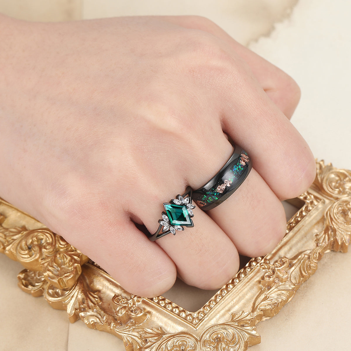 Romantic Emerald Engagement Couple Rings Set Promise Black Tungsten Wedding Ring Set