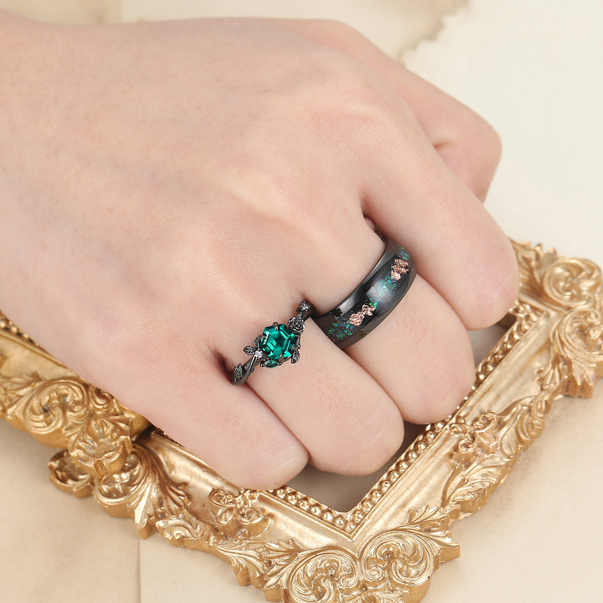 Dainty Emerald Rose And Leaf Carved Engagement Couple Rings Wire Drawed Tungsten Band