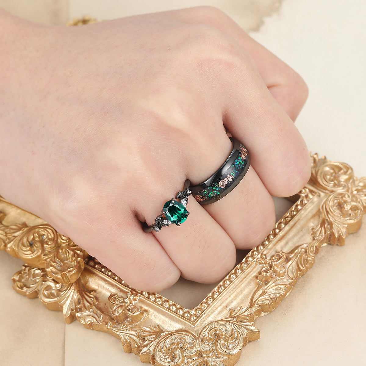Noble Oval Cut Emerald Branches Leaves Couples Ring Set Green Tungsten Matching Ring