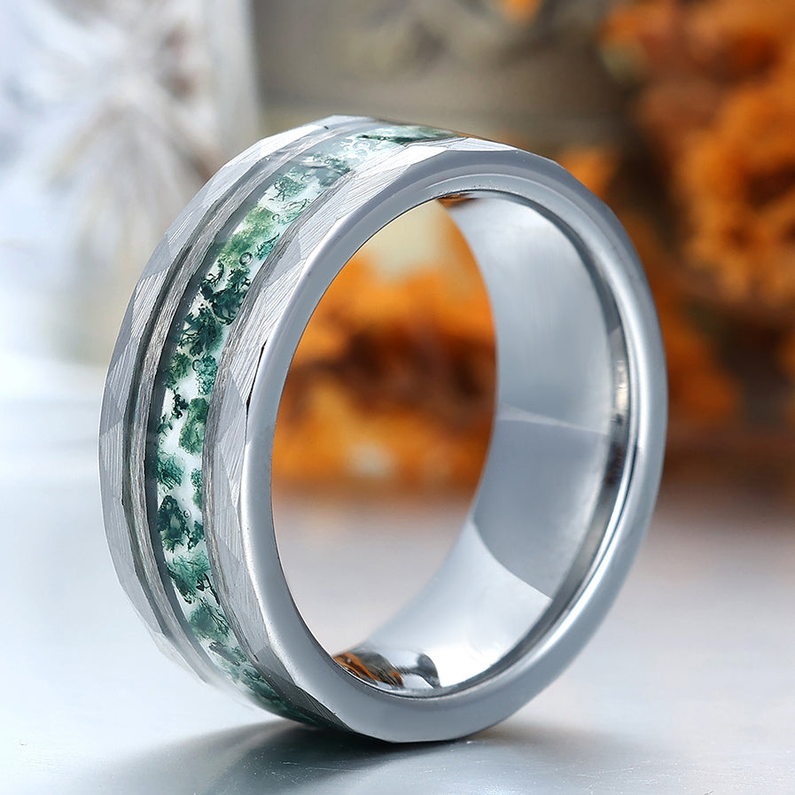 Unique 8mm Men's Moss Agate Tungsten Engagement Ring Engravable Wedding Band Silver/Black/Yellow Gold Anniversary Ring