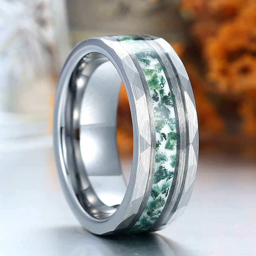 Unique 8mm Men's Moss Agate Tungsten Engagement Ring Engravable Wedding Band Silver/Black/Yellow Gold Anniversary Ring