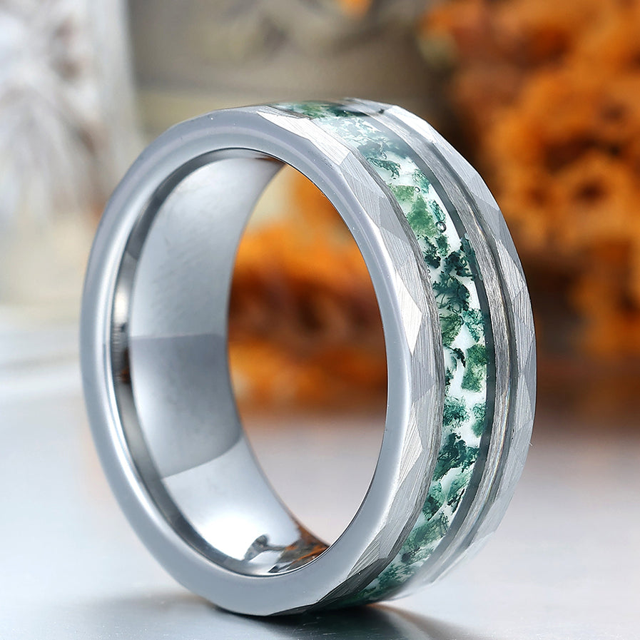 Unique 8mm Men's Moss Agate Tungsten Engagement Ring Engravable Wedding Band Silver/Black/Yellow Gold Anniversary Ring