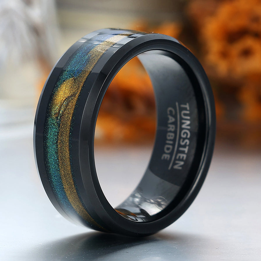 Flowing Sand Nebula Tungsten Ring Beveled Edge Men's Anniversary Ring Unisex Wedding Band