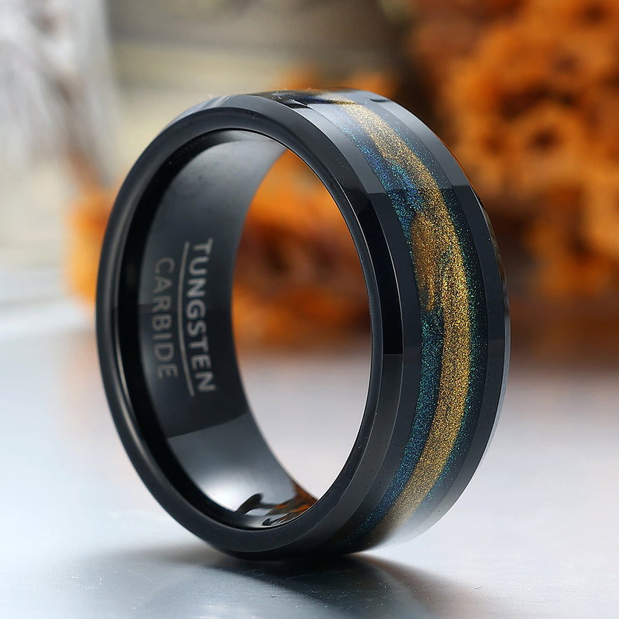 Flowing Sand Nebula Tungsten Ring Beveled Edge Men's Anniversary Ring Unisex Wedding Band