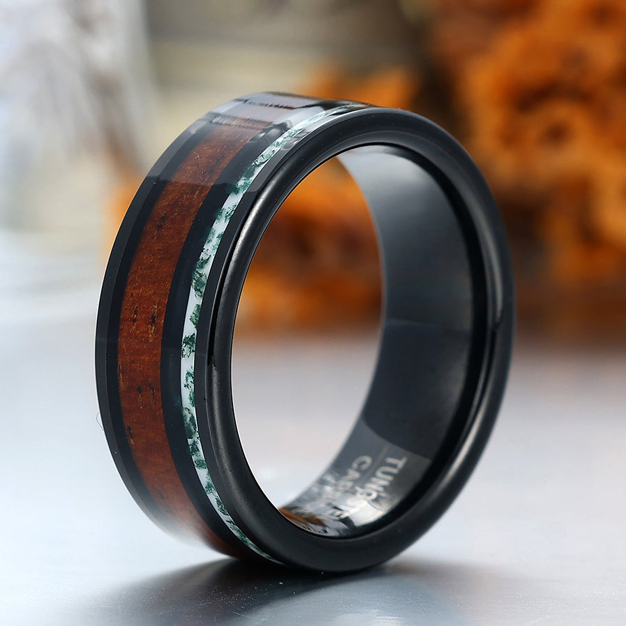 Wood Strips Moss Agate Tungsten Men's Wedding Band Black Men's Unisex Ring