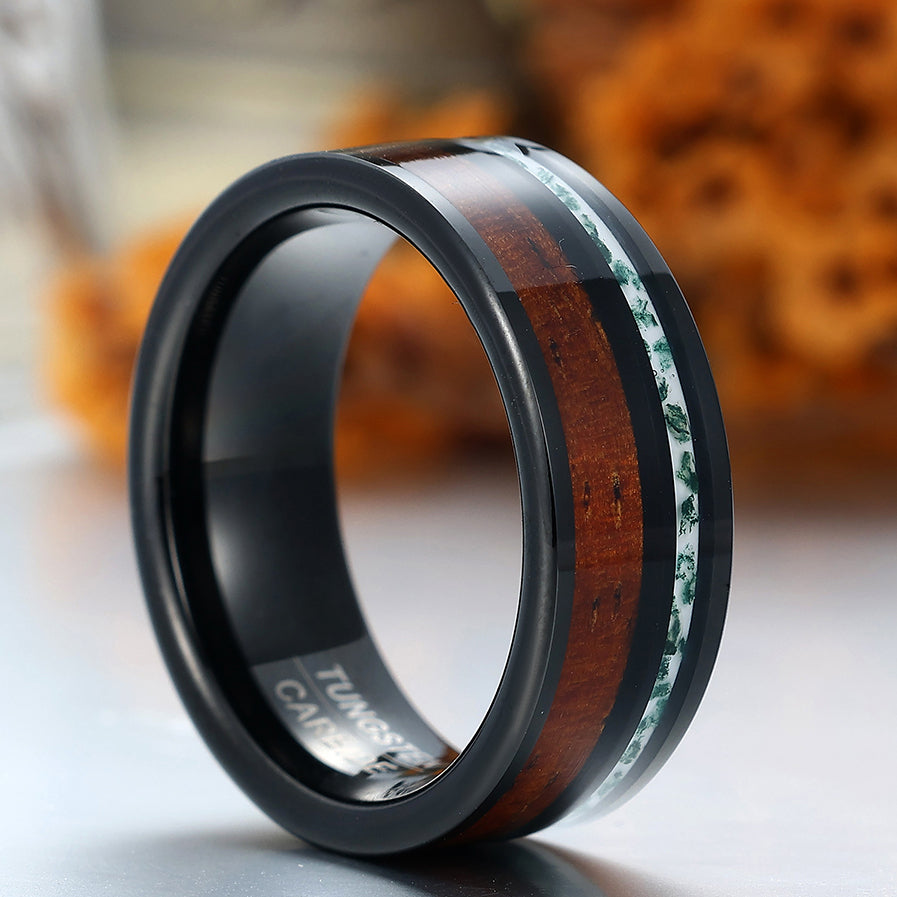 Wood Strips Moss Agate Tungsten Men's Wedding Band Black Men's Unisex Ring
