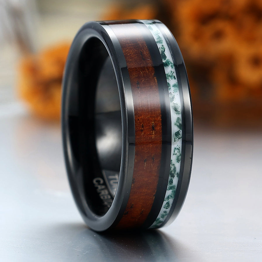 Wood Strips Moss Agate Tungsten Men's Wedding Band Black Men's Unisex Ring