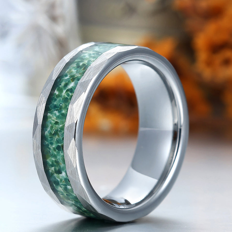 Men's Hammered Moss Agate Ring Tungsten Ring for Men and Women Unisex Birthday Ring