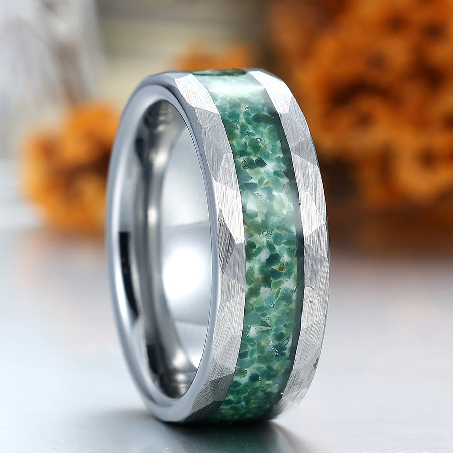 Men's Hammered Moss Agate Ring Tungsten Ring for Men and Women Unisex Birthday Ring