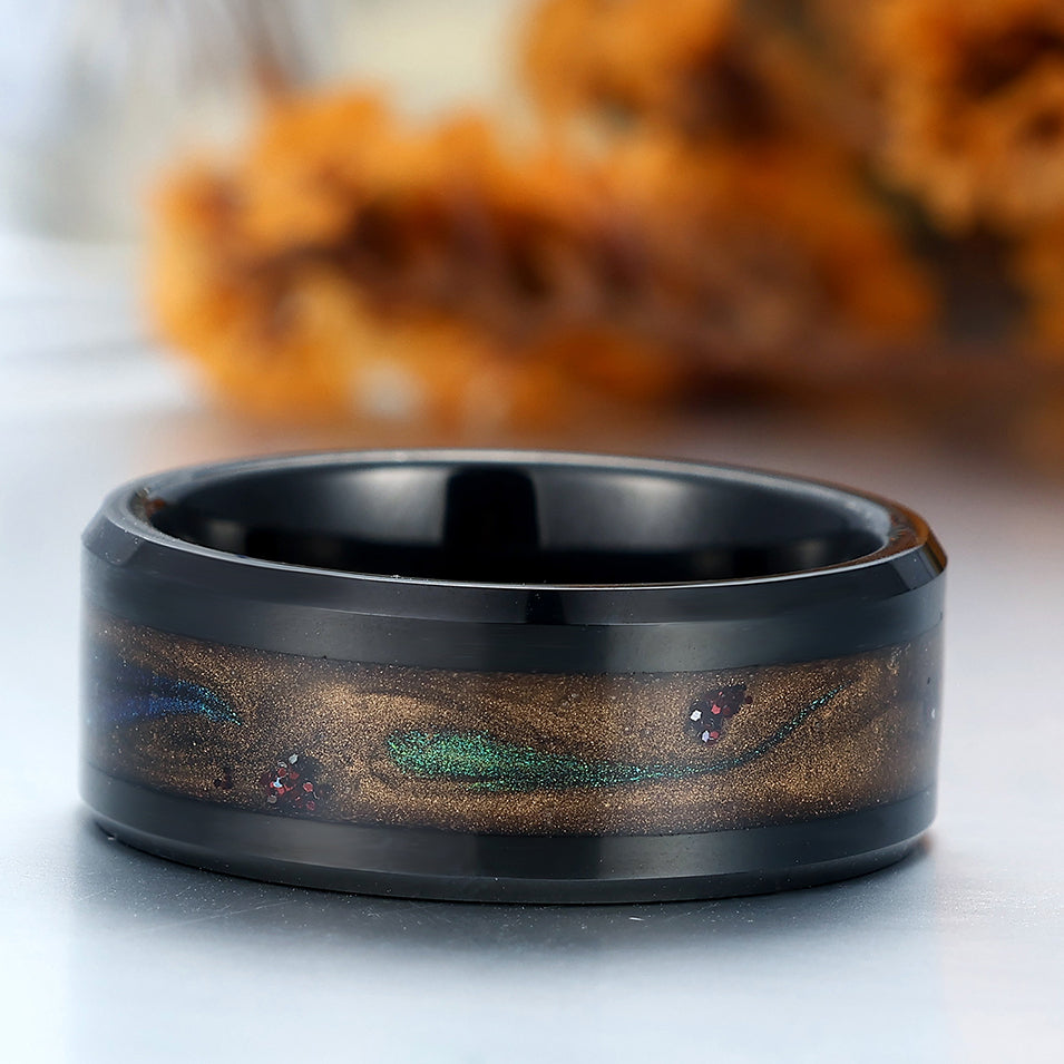 Galaxy Nebula Ring 8mm Quicksand Inlay Tungsten Promise Ring Unisex Wedding Band