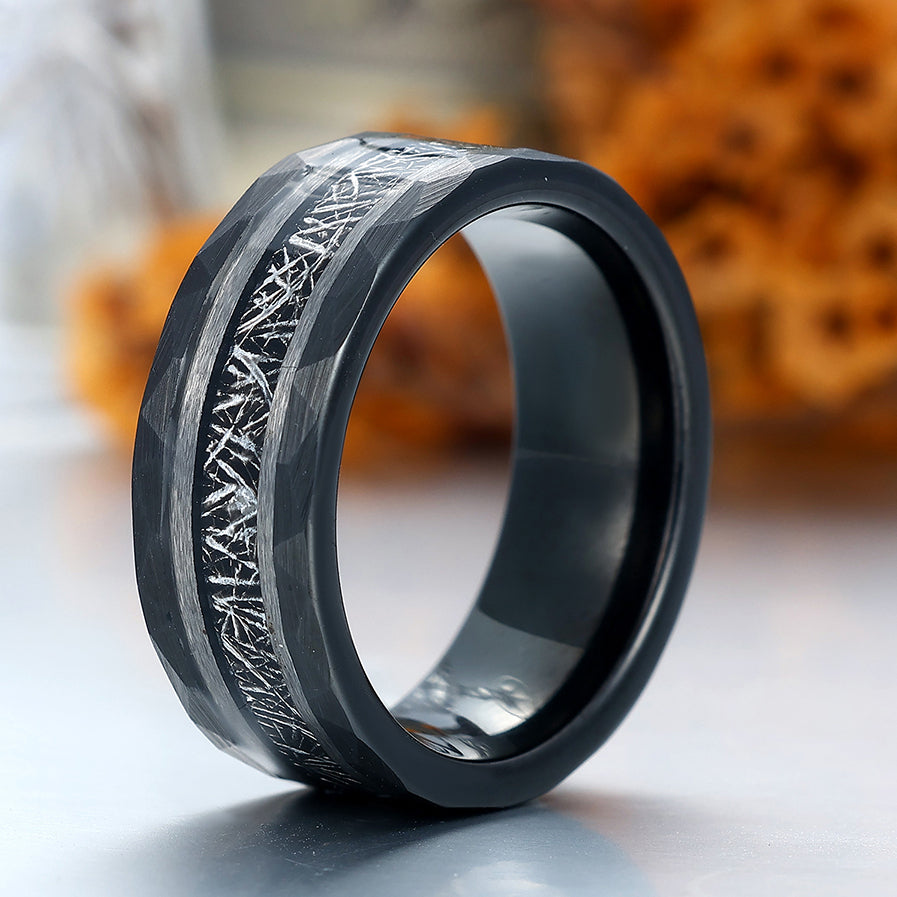Tungsten Wedding Ring With White Meteorite Inlay Black Ring For Men and Women