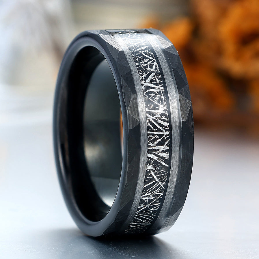 Tungsten Wedding Ring With White Meteorite Inlay Black Ring For Men and Women