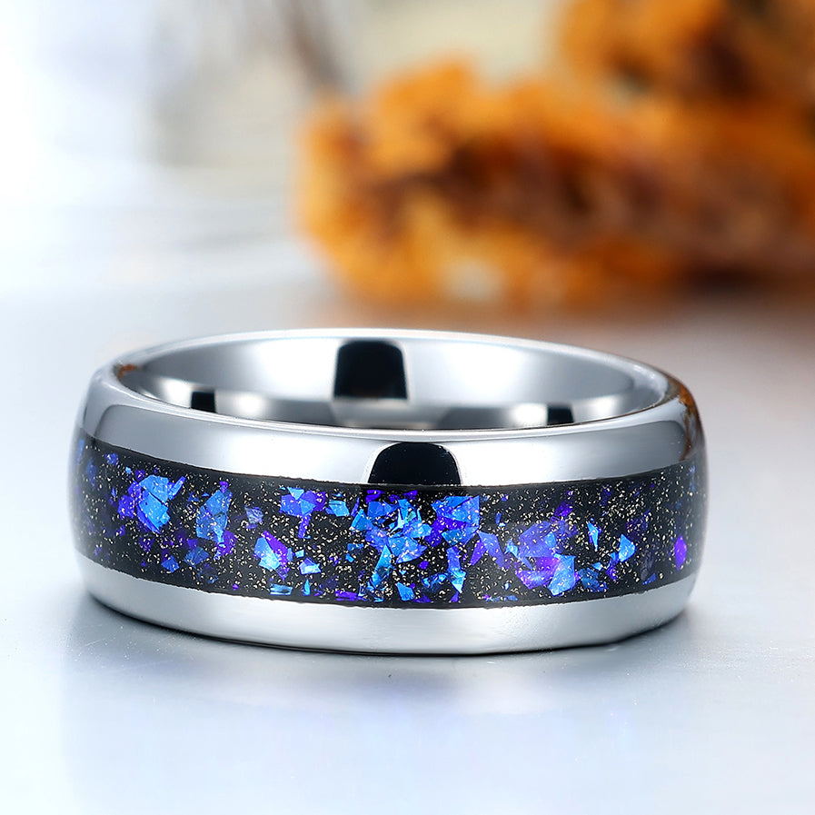 Blue Galaxy Sandstone Tungsten Ring Orion Nebula Band 8mm Polished Dome Silver Gray Men's Ring