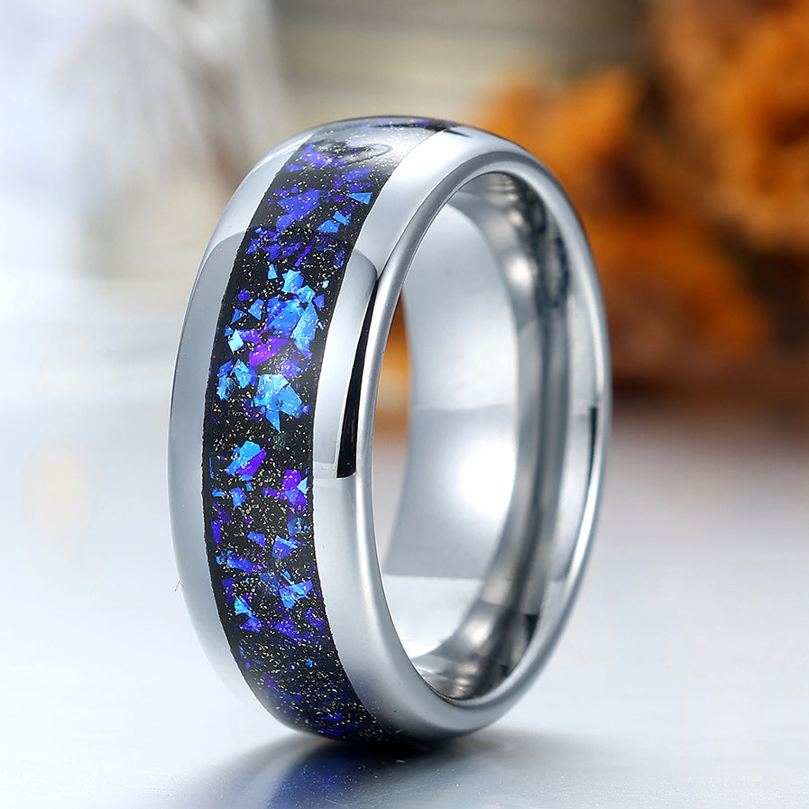 Blue Galaxy Sandstone Tungsten Ring Orion Nebula Band 8mm Polished Dome Silver Gray Men's Ring