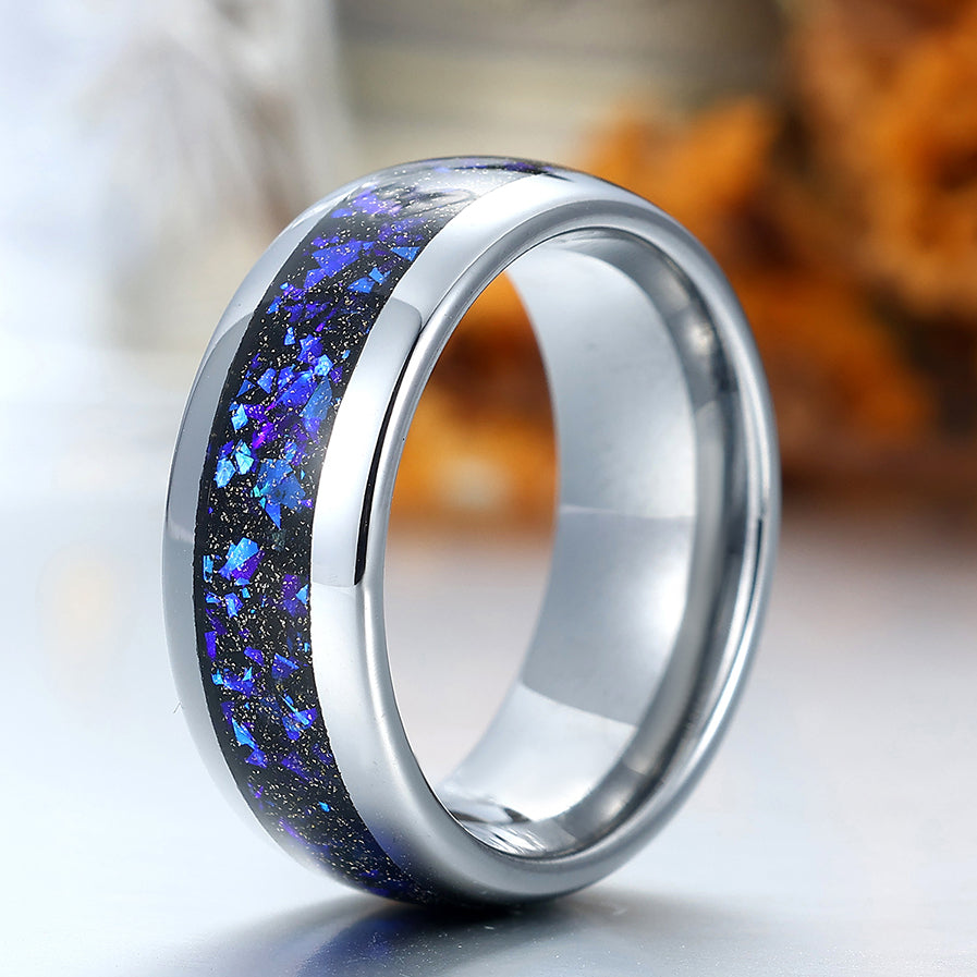 Blue Galaxy Sandstone Tungsten Ring Orion Nebula Band 8mm Polished Dome Silver Gray Men's Ring