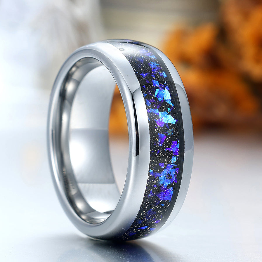 Blue Galaxy Sandstone Tungsten Ring Orion Nebula Band 8mm Polished Dome Silver Gray Men's Ring
