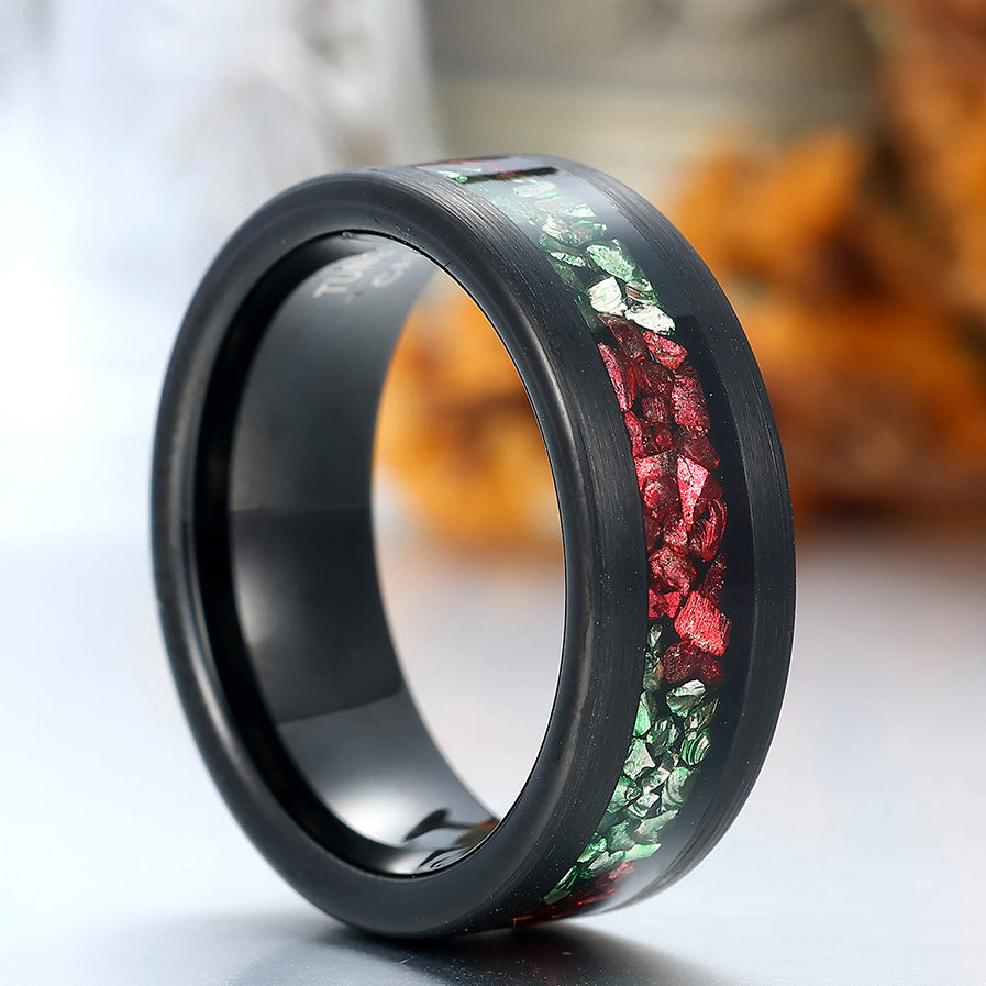 Emerald Ruby Inlay Tungsten Men's Ring Black Wire Drawed Anniversary Ring Unisex Wedding Band