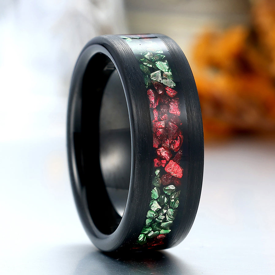Emerald Ruby Inlay Tungsten Men's Ring Black Wire Drawed Anniversary Ring Unisex Wedding Band
