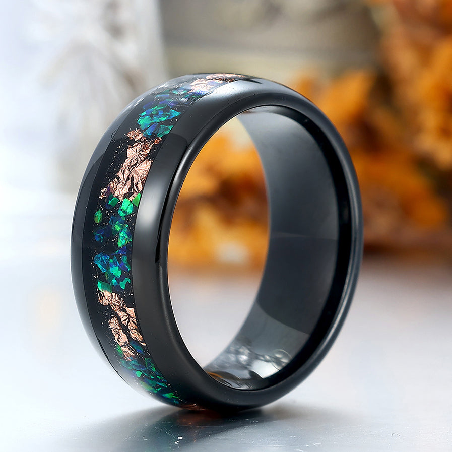Men's Peacock Green Opal Tungsten Wedding Band Polished Dome Gold Foils Inlay Anniversary Ring