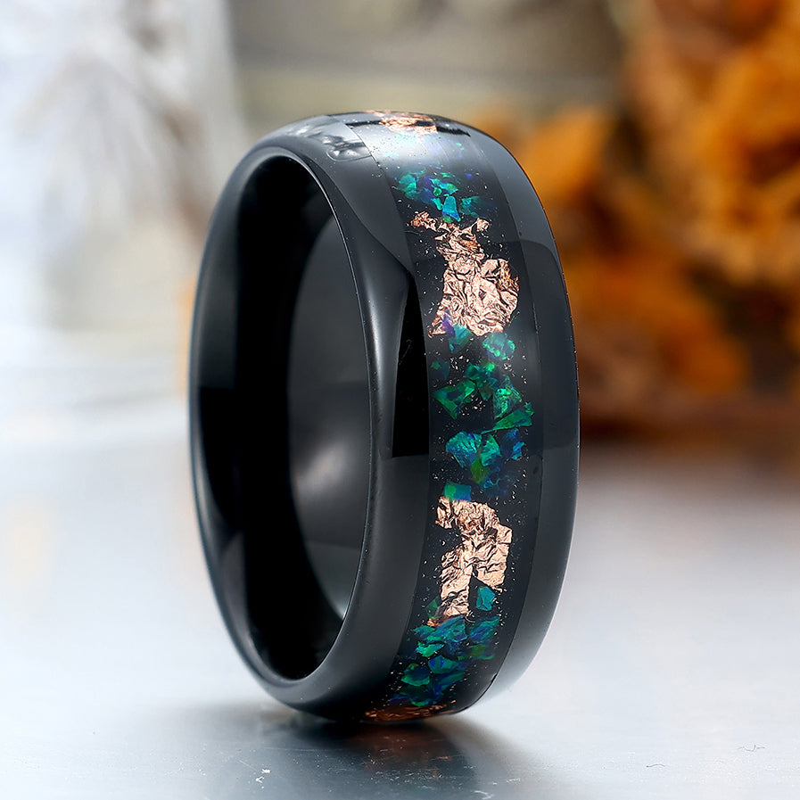 Men's Peacock Green Opal Tungsten Wedding Band Polished Dome Gold Foils Inlay Anniversary Ring
