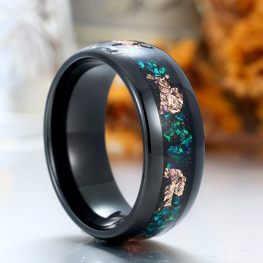 Men's Peacock Green Opal Tungsten Wedding Band Polished Dome Gold Foils Inlay Anniversary Ring
