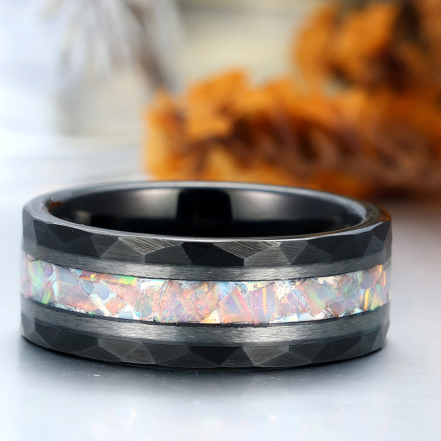 Handmade Pink White Opal Tungsten Wedding Ring Black Hammered Band Men's Unisex Ring