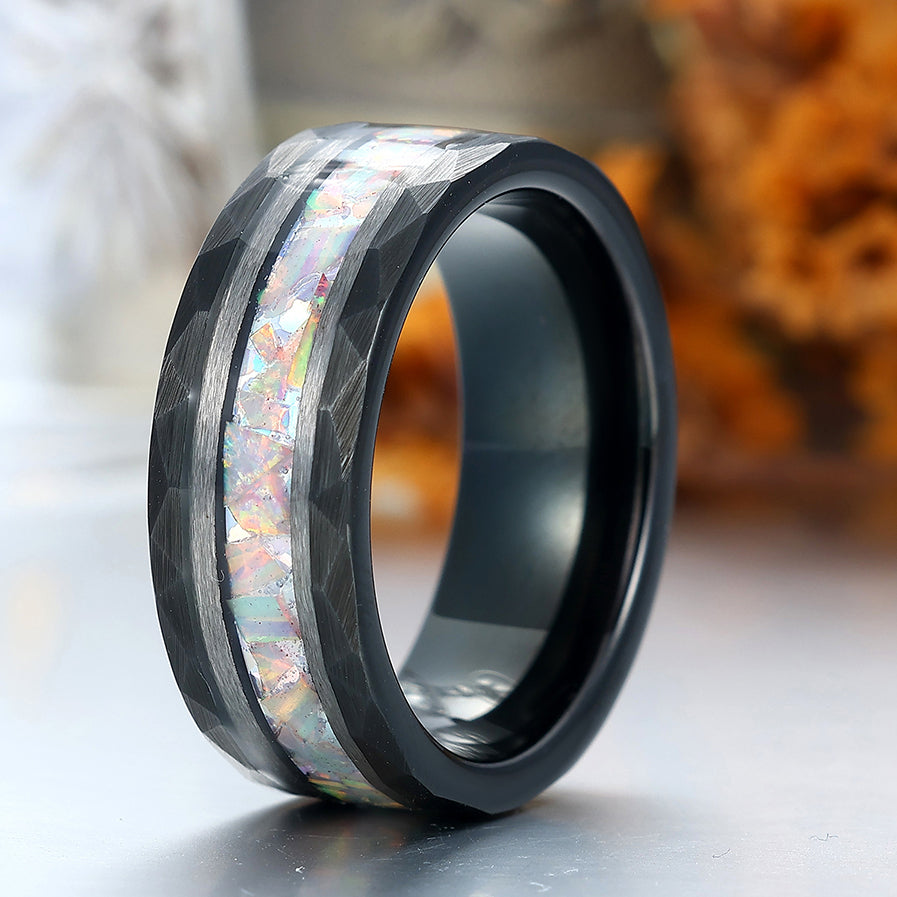 Handmade Pink White Opal Tungsten Wedding Ring Black Hammered Band Men's Unisex Ring