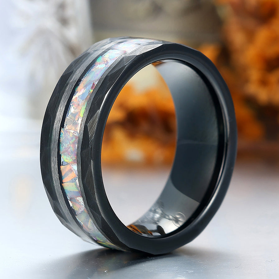 Handmade Pink White Opal Tungsten Wedding Ring Black Hammered Band Men's Unisex Ring