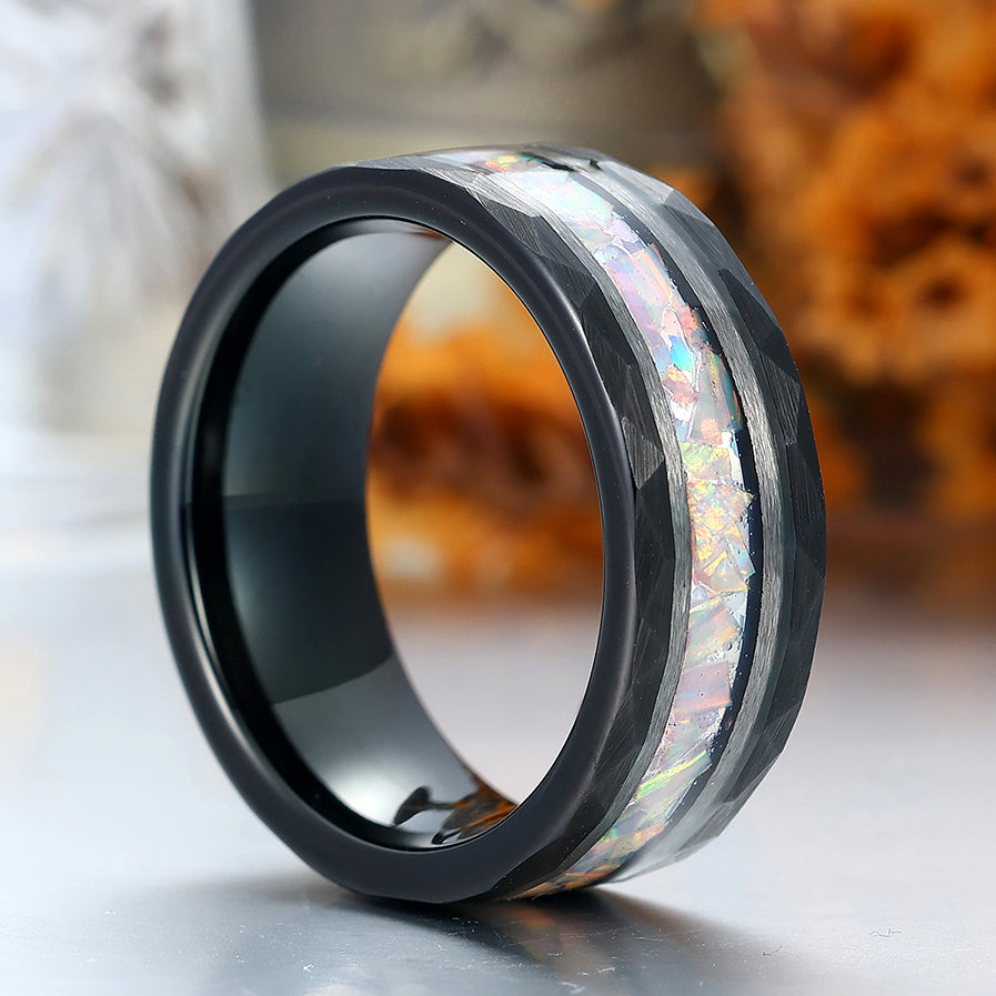 Handmade Pink White Opal Tungsten Wedding Ring Black Hammered Band Men's Unisex Ring