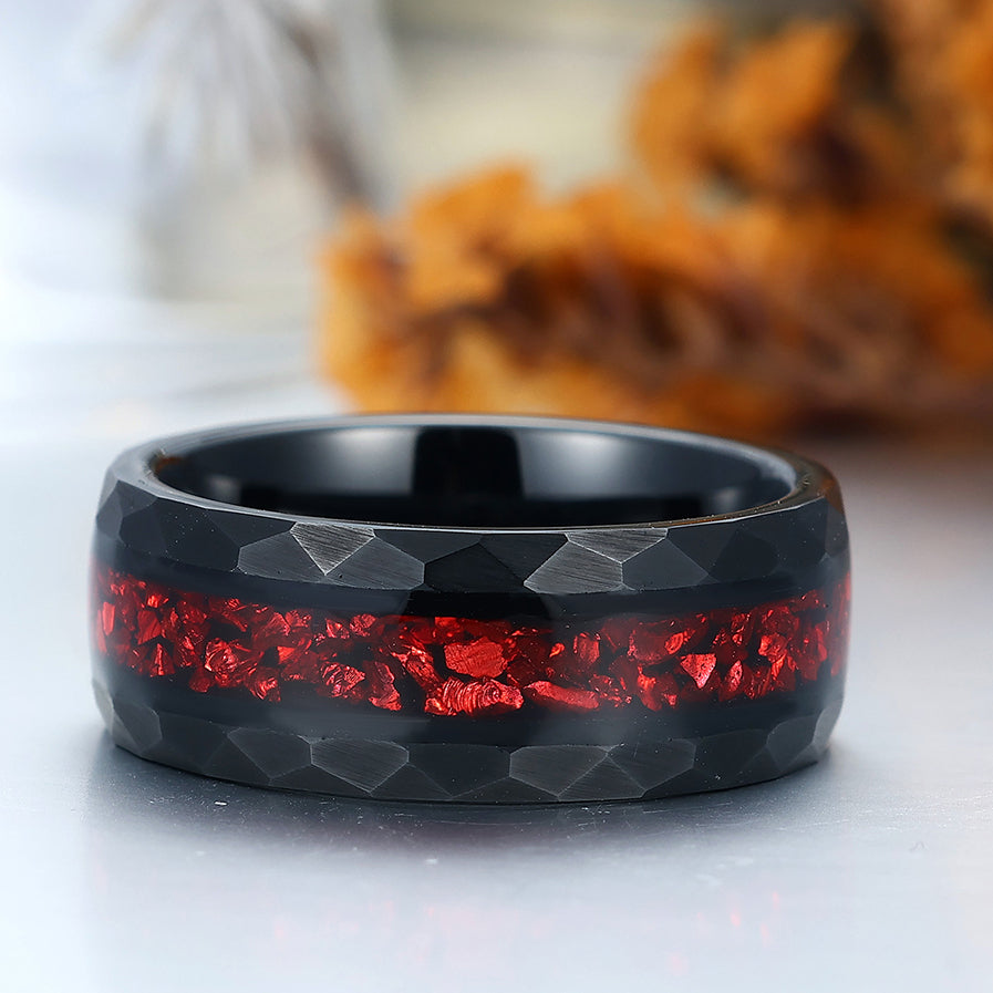 8mm Crushed Ruby Tungsten Wedding Band Red Gemstone Mens Tungsten Ring Black Hammered Promise Ring