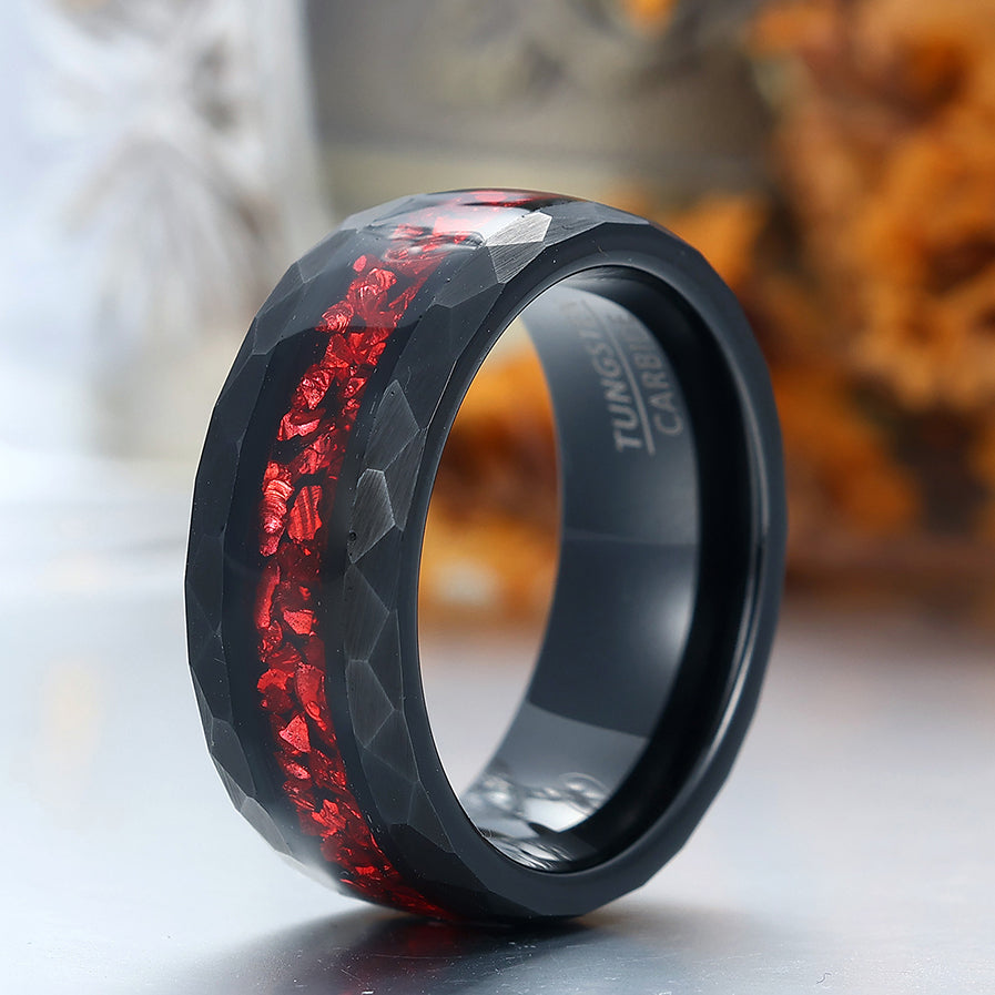 8mm Crushed Ruby Tungsten Wedding Band Red Gemstone Mens Tungsten Ring Black Hammered Promise Ring