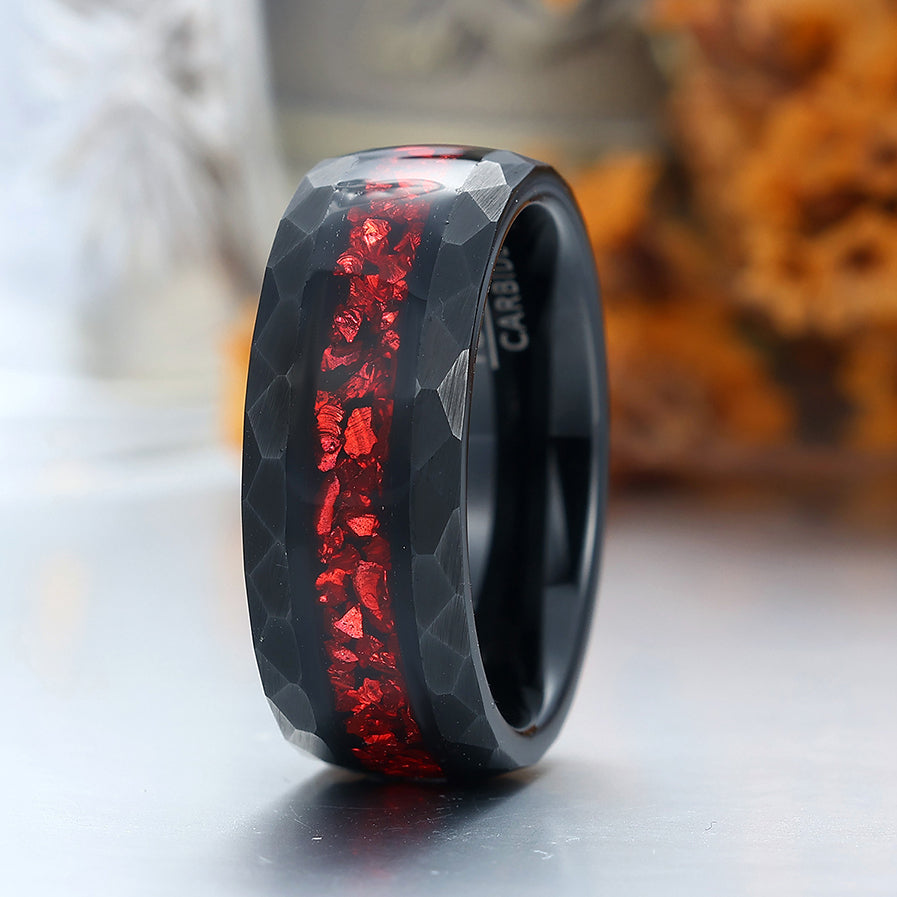 8mm Crushed Ruby Tungsten Wedding Band Red Gemstone Mens Tungsten Ring Black Hammered Promise Ring