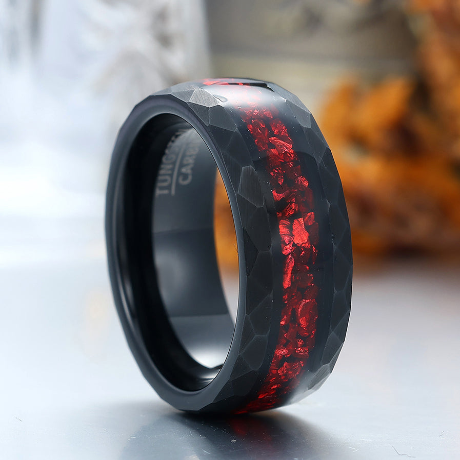 8mm Crushed Ruby Tungsten Wedding Band Red Gemstone Mens Tungsten Ring Black Hammered Promise Ring